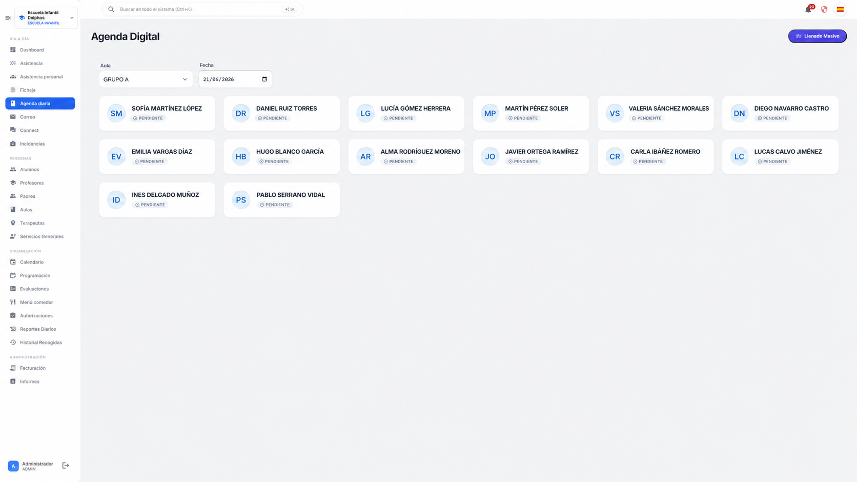 Agenda Digital de Delphos Care: pase de lista por aula
